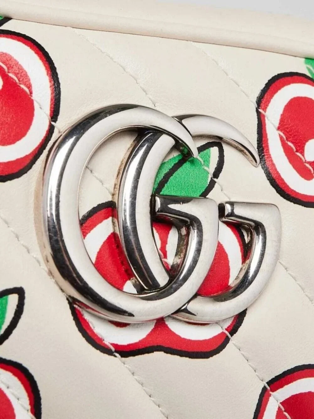 Gucci White Quilted Leather Apple Print Marmont Small Camera Bag